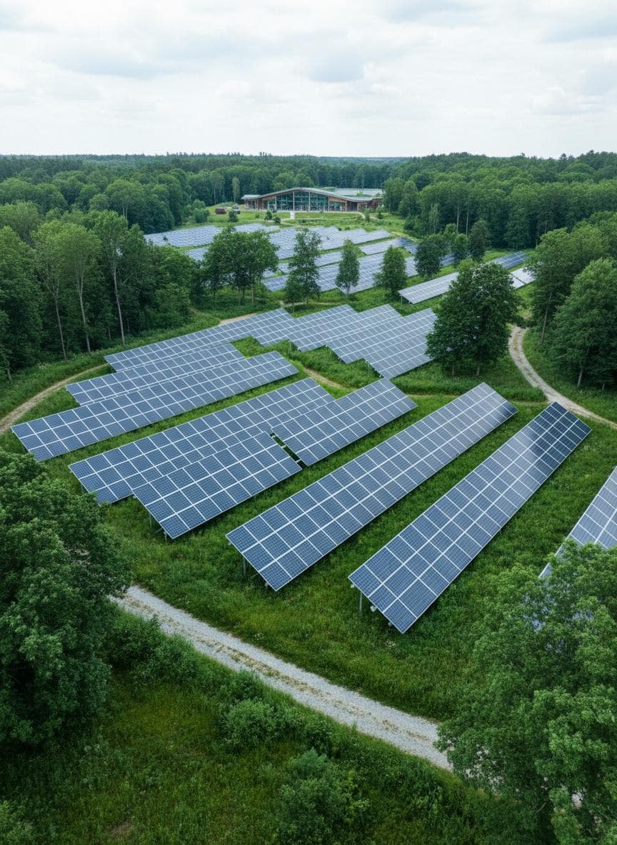 Solar panels in green landscape reducing carbon footprint