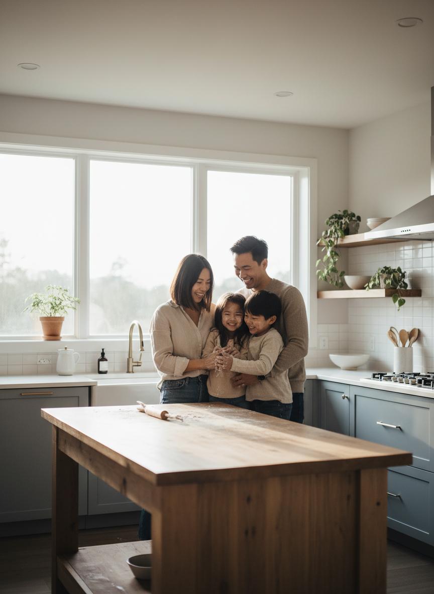 Family saving money with solar panels